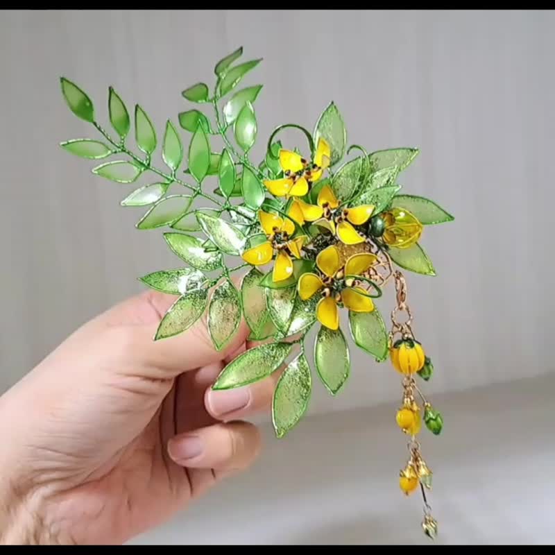 仿真水晶花系列【黄金雨之恋】~ 阿勃勒花叶发钗(附活动式流苏) - 发饰 - 其他材质 黄色