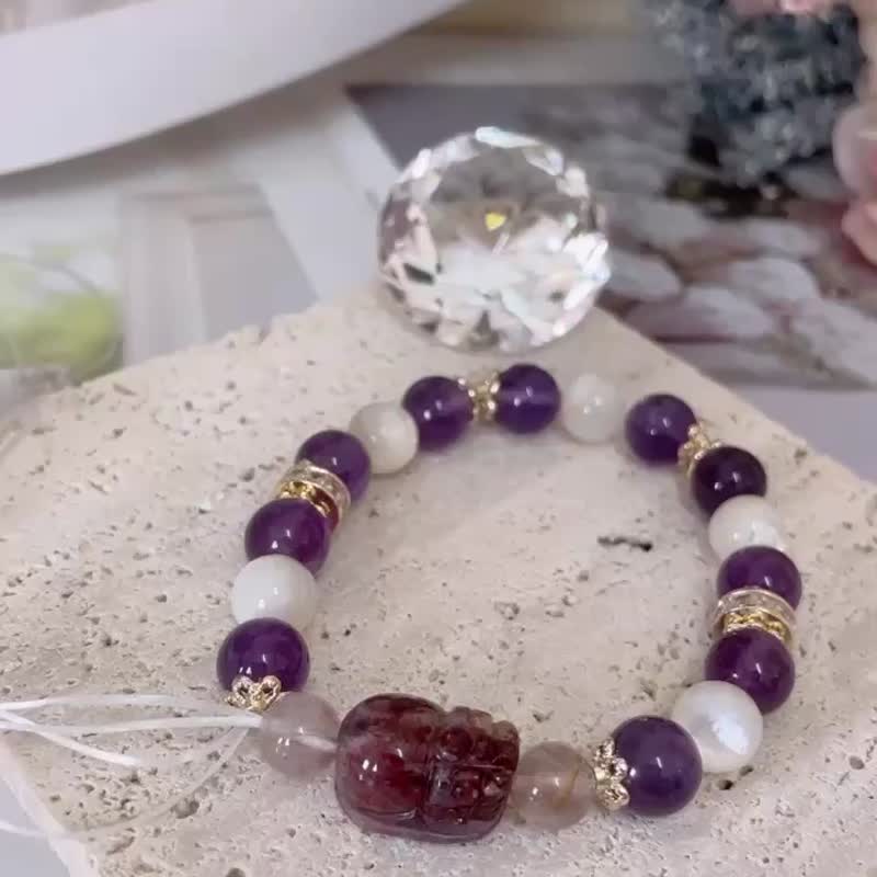 14K包金招财手链 招财貔貅 紫水晶 紫幽灵 白贝母 紫钛晶 净化 - 手链/手环 - 水晶 多色