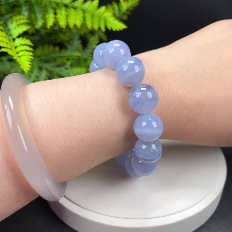 优质天然蓝纹玛瑙手串15.5mm蕾丝纹蓝玉髓手錬男女單圈冰透起莹 - 手链/手环 - 半宝石 蓝色