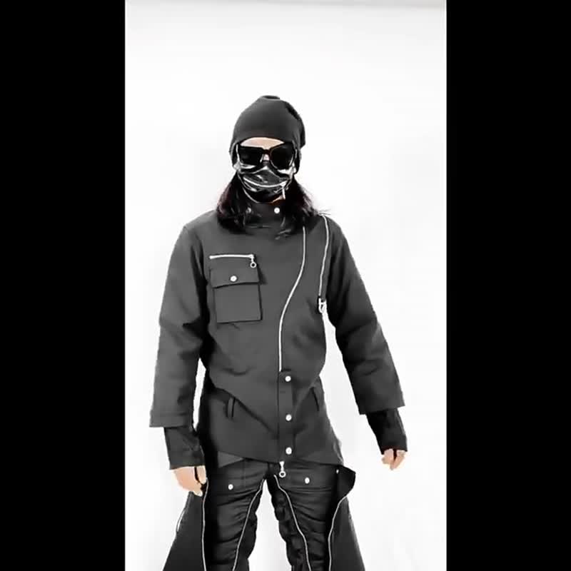 美式復古 原創小眾高街金屬拉鏈 機車修身高領夾克 - 男装外套 - 其他材质 黑色