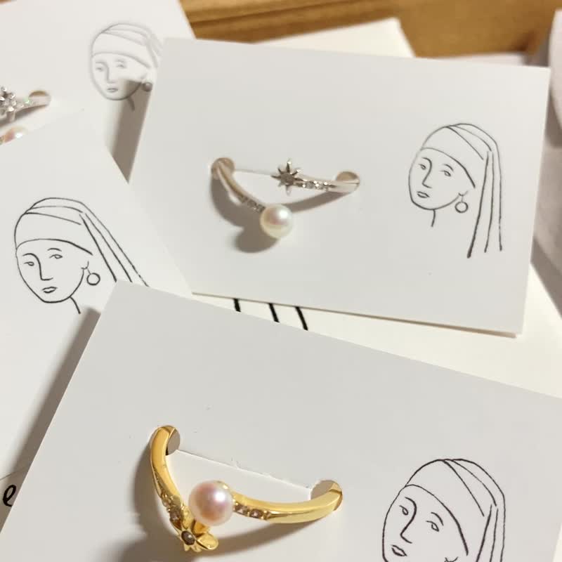 【星光闪闪】 全纯银戒指 天然淡水珍珠 925纯银 (银/金) - 戒指 - 纯银 金色