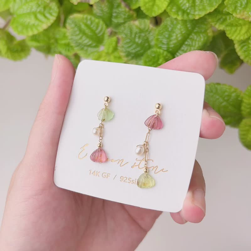 小美人鱼贝壳 电气石碧玺耳环 - 耳环/耳夹 - 半宝石 绿色