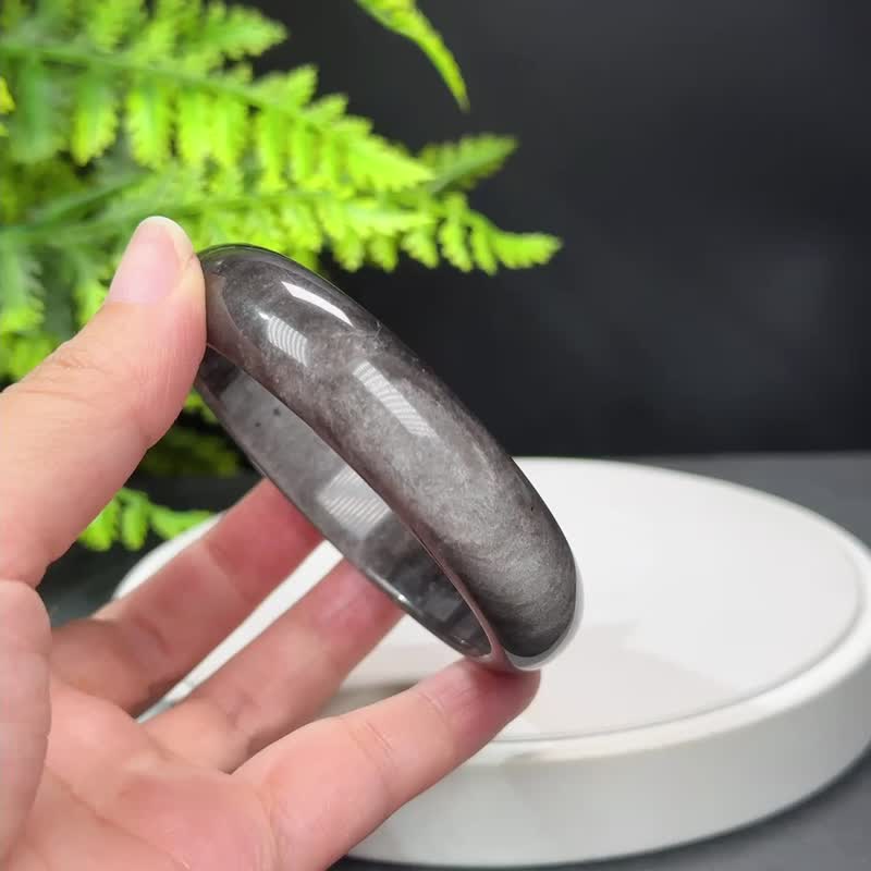 高品质 银曜石手镯 62MM 玉化双天眼银色黑曜石手环 招财聚气助运 - 手链/手环 - 半宝石 银色