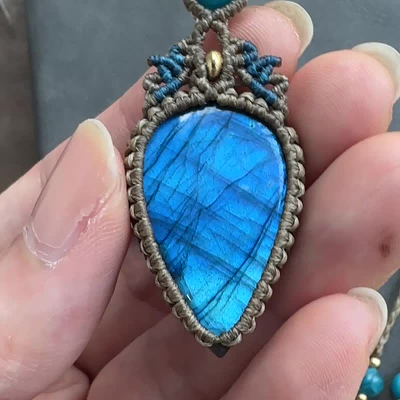 N1236 民族风 南美蜡线编织 拉长石 铜珠项链 (可调长度) - 项链 - 宝石 咖啡色