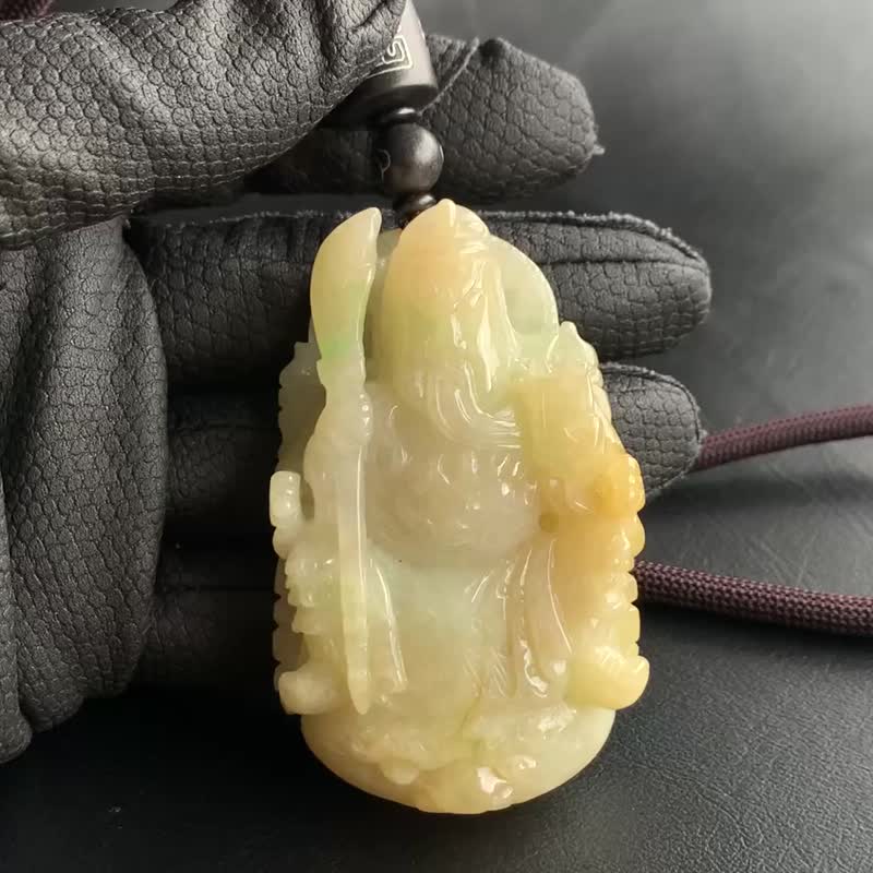 天然翡翠缅甸玉~蜜糖黄~黄翡关公/关圣帝君玉墬带刀官印 附台证 - 项链 - 玉石 黄色