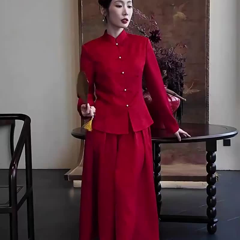 流芳 紅色兩件式套裝 訂婚改良唐裝 新中式國風 新娘婚禮晨袍禮服 - 旗袍 - 其他人造纤维 红色