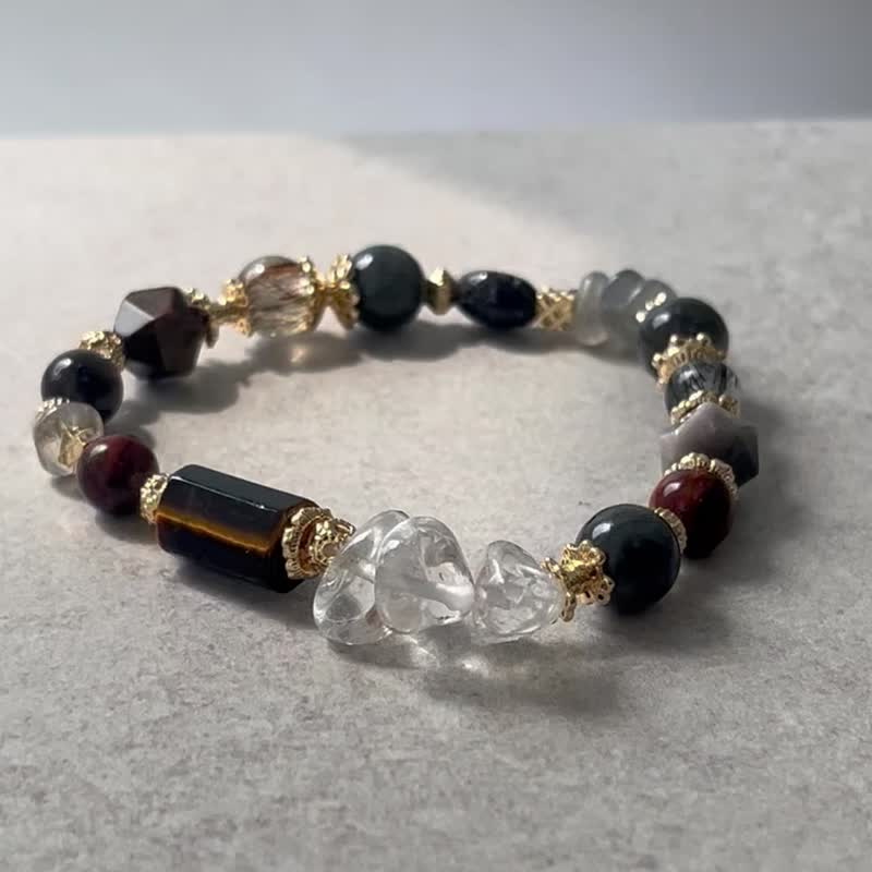 坚毅独特 黄虎眼 彼得石 拉长石 黑发晶 黑金超七 天然水晶手链 - 手链/手环 - 水晶 