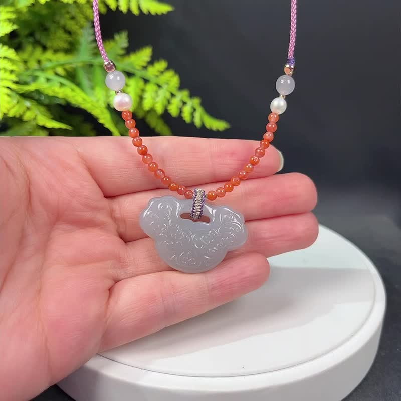 和田玉烟紫如意平安锁吊坠项錬 老料温润细腻双面雕刻 附鑑定证书 - 项链 - 玉石 