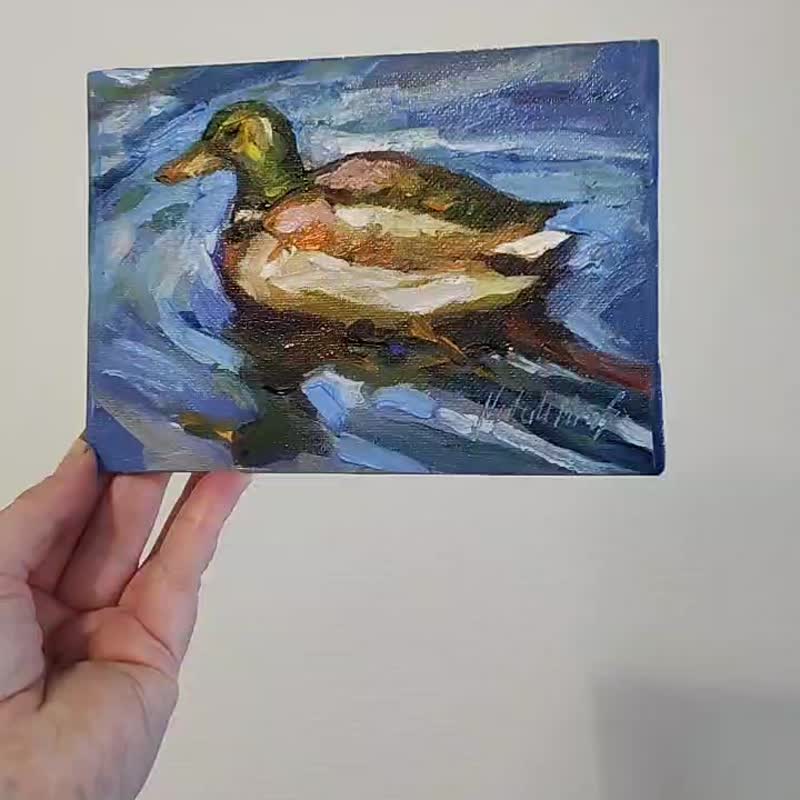 野鸭 - 原创油画 5x7'' 鸭子艺术品 鸟类绘画 野生鸭子艺术 - 墙贴/壁贴 - 其他材质 
