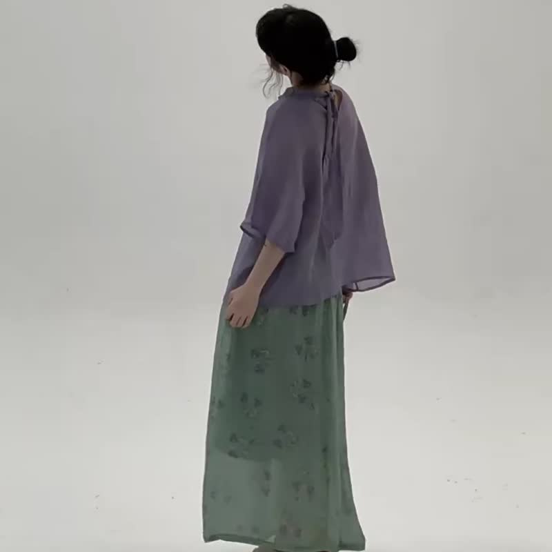 綠色 叢林野花輕紗半裙 夏日舒適文藝休閒百搭寬松百搭中長裙 - 裙子 - 棉．麻 绿色