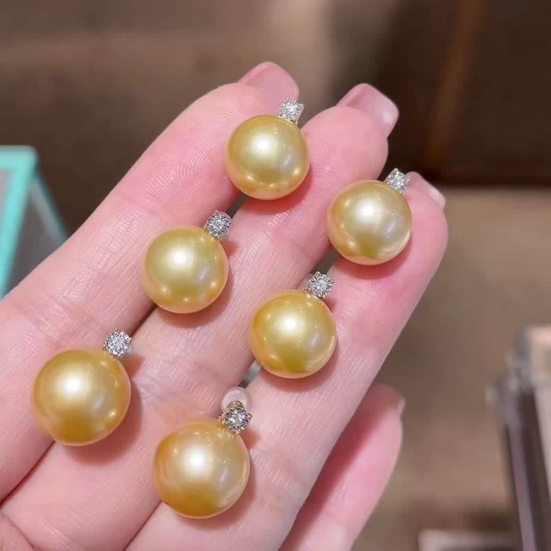 黛妃款南洋珍珠天然海水珍珠金珠耳钉18K金珠耳环珍珠项链 - 项链 - 珍珠 金色