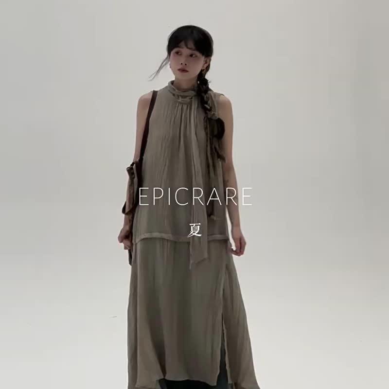 3顔色 苧麻飄帶洋裝 日系文藝復古休閒連身裙 禪意無袖長裙 - 洋装/连衣裙 - 棉 绿色