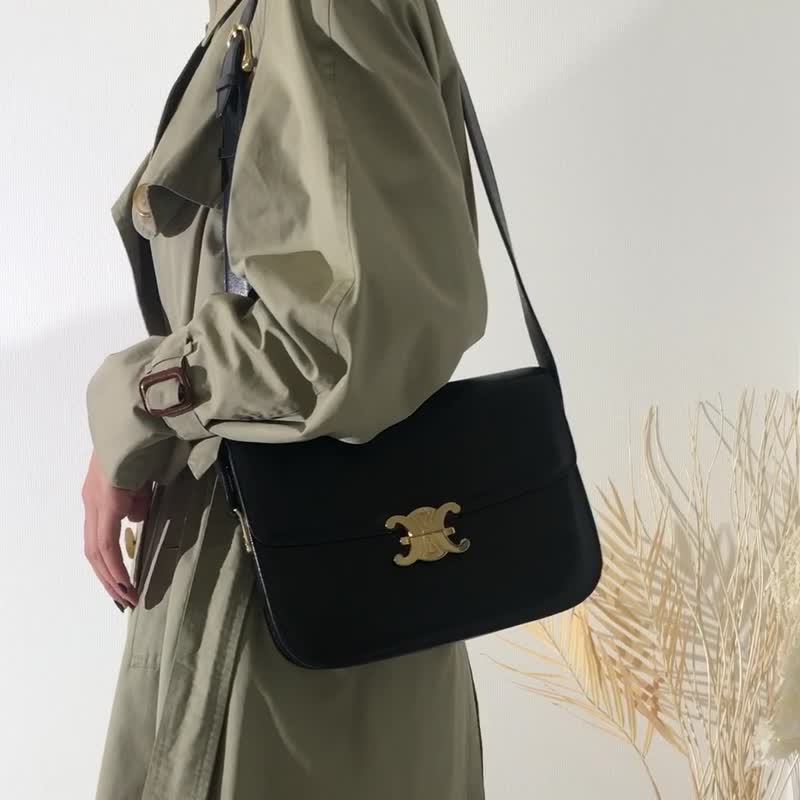【日本直送，名牌二手包装】CELINE Triomphe 皮革斜挎单肩包黑Vintage Vintage 37az8j - 侧背包/斜挎包 - 真皮 黑色