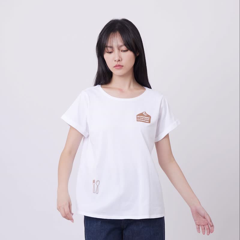 一塊蛋糕下午茶寬版反褶方袖女T/白 - 女装 T 恤 - 棉．麻 白色