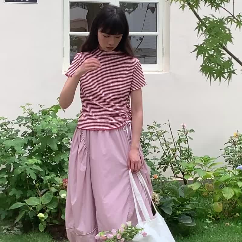 odd maker格纹抽皱木耳边短袖t恤女正肩紧身短款抽绳绑带条纹上衣 - 女装 T 恤 - 其他人造纤维 