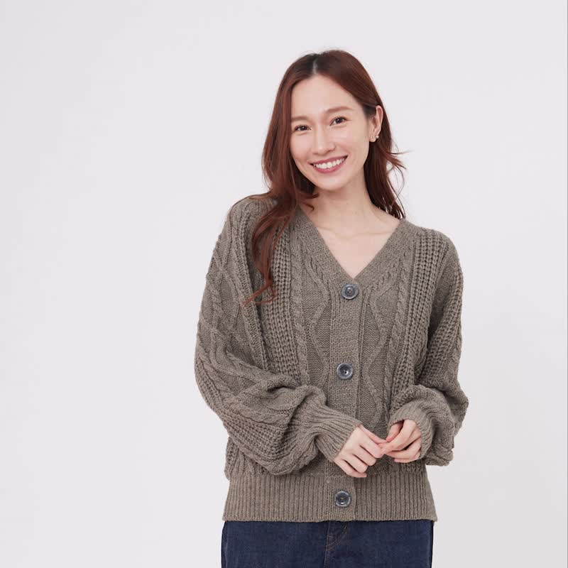Shelly麻花針織排扣外套/咖啡 - 女装针织衫/毛衣 - 羊毛 卡其色