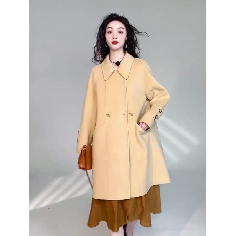 秋冬新品 绵羊毛高级感中长款经典双面呢翻领暖和大衣外套 - 女装上衣 - 其他材质 