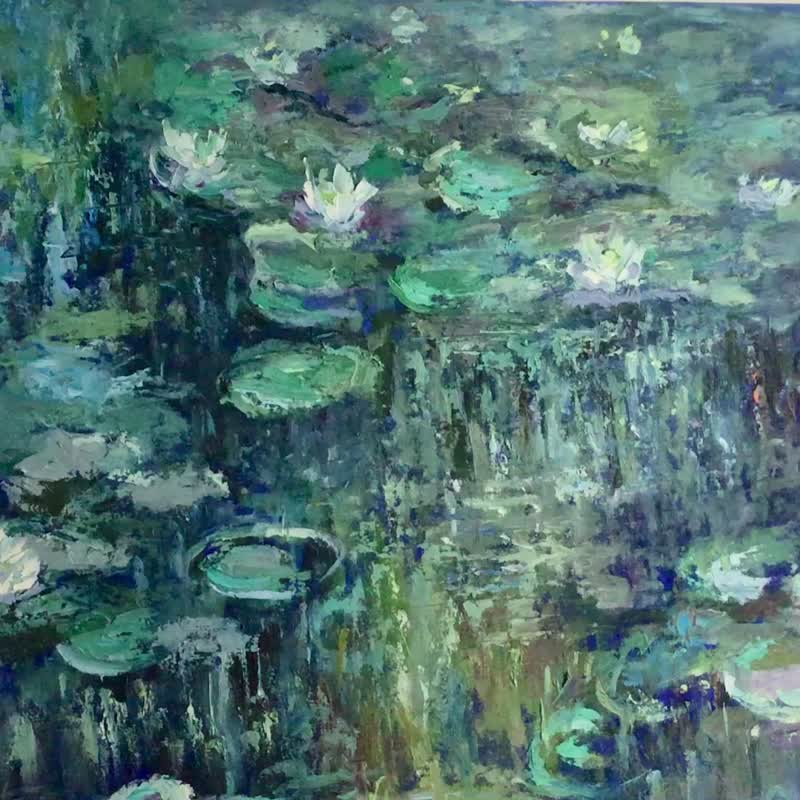 沉浸在这幅受莫奈启发的原创油画中 享受它所带来的宁静之 - 墙贴/壁贴 - 亚麻 蓝色