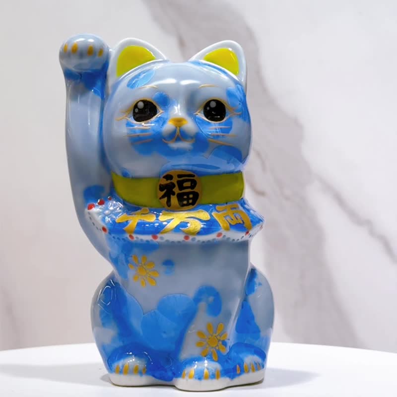 【福青绽彩】日本清水烧招财猫 | 花结晶青 - 千万両 - 摆饰 - 瓷 蓝色