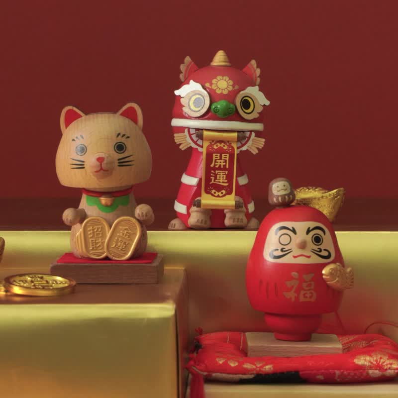 【新年摆饰】招财猫 达摩 醒狮 弹簧摇头公仔 弹簧摆饰 - 摆饰 - 木头 红色