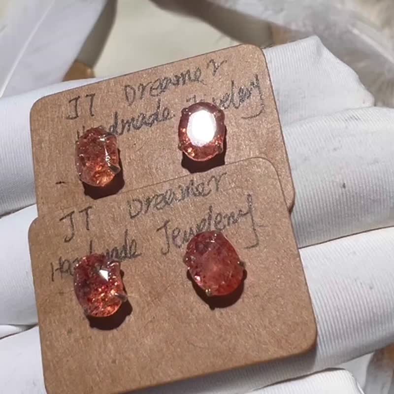 纯手工制作天然金太阳石纯银耳钉 - 耳环/耳夹 - 宝石 多色