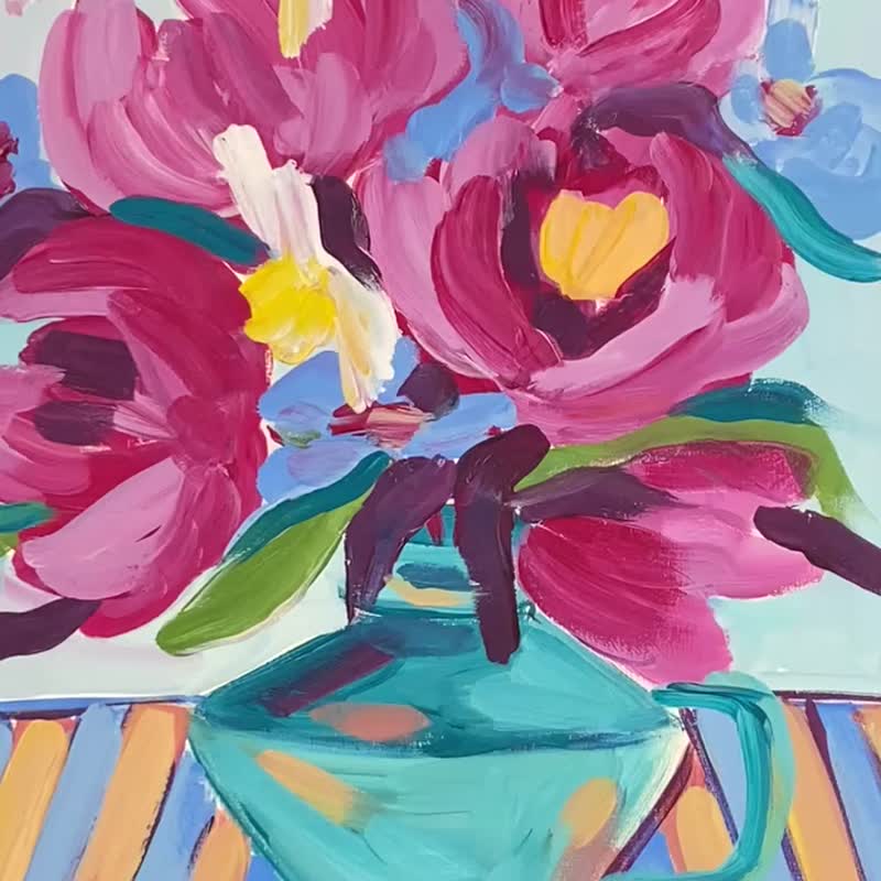 粉红色牡丹和水仙花原始水粉画在纸上野兽派艺术墙壁装饰静物 - 墙贴/壁贴 - 纸 粉红色