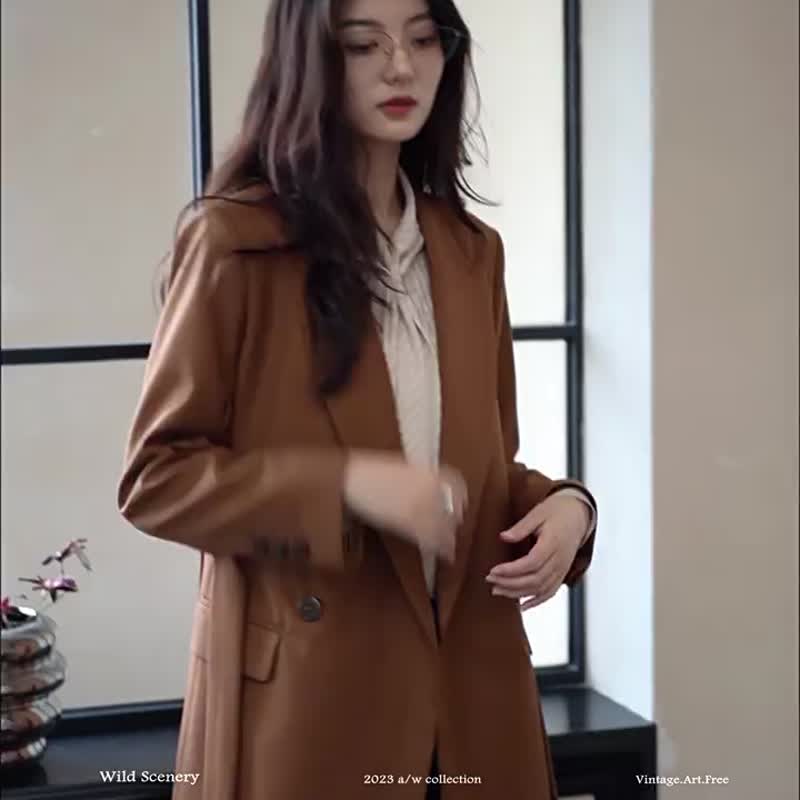 棕褐色調 都市老錢風 復古西裝 利落感通勤百搭中長款外套 - 女装休闲/机能外套 - 其他人造纤维 咖啡色