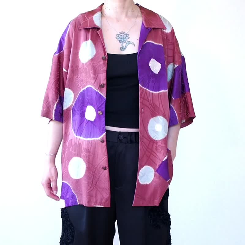【日本制造】 男式衬衫 L、升级改造和服、阿罗哈衬衫 - 男装衬衫 - 丝．绢 粉红色