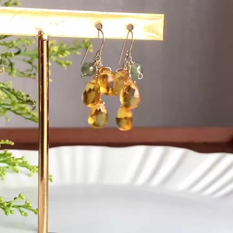 含羞草短耳环 14KGF 黄水晶 橄榄石 清新日常 轻盈设计 耳夹 - 耳环/耳夹 - 宝石 黄色