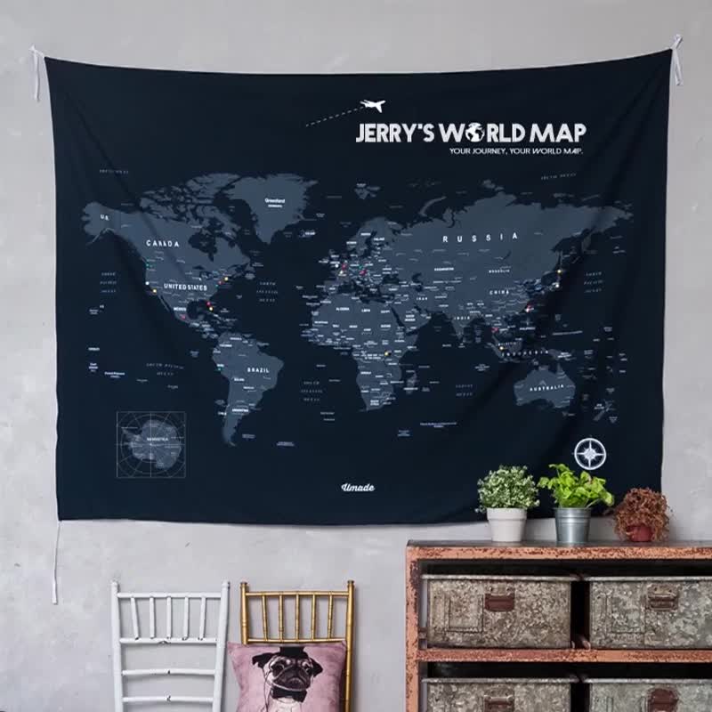 世界地图 - 专属订制世界木框海报 - 海军蓝 (定制 生日礼物 居家布置 - 地图 - 纸 蓝色