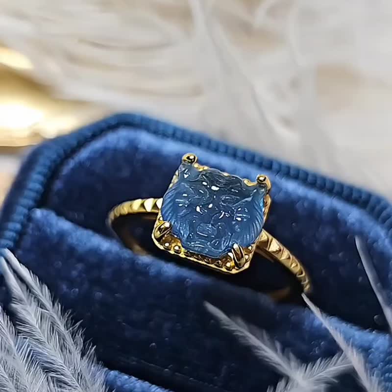 |霸气神秘星空蓝|a货翡翠冰玻蓝老虎头9mm纯银镀18k黄中性戒指 - 戒指 - 玉石 