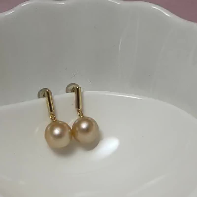 天然海水珍珠 香槟金 南洋金珠  纯银 耳环 - 耳环/耳夹 - 珍珠 金色
