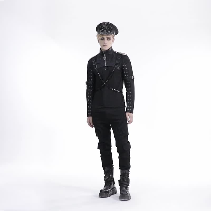 庞克角斗士印花流苏极短外套 / 超短版 / 可拆肩章 / 情侣款 - 男装外套 - 其他材质 黑色