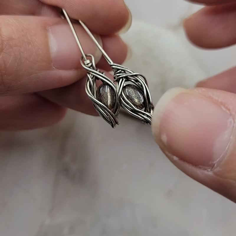 黑骨干太阳石 999纯银 手工绕线 长耳环 - 耳环/耳夹 - 纯银 