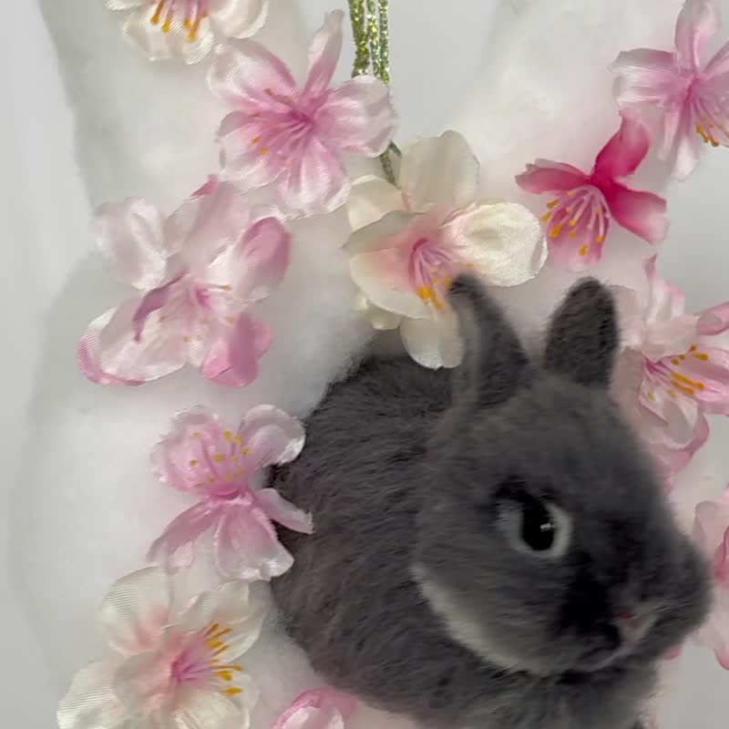 毡毛跳兔、樱花云朵上的跳兔、荷兰侏儒蓝银马丁 - 玩偶/公仔 - 羊毛 