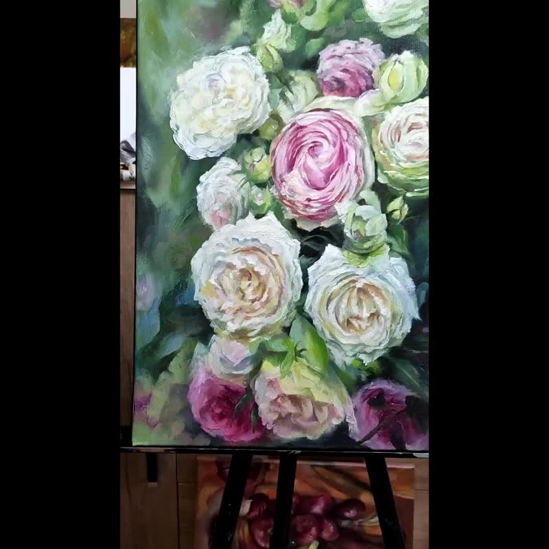 Roses Painting Floral Original Art Flower Painting Canvas Wall Art Oil Artwork - 海报/装饰画/版画 - 棉．麻 多色