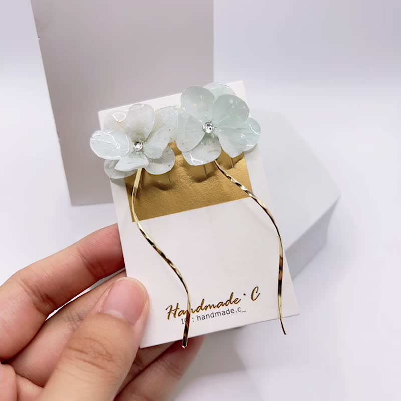 水晶蓝 绽放绣球花耳环 施华洛水钻 永生花耳环 日本树脂 耳夹 - 耳环/耳夹 - 植物．花 粉红色