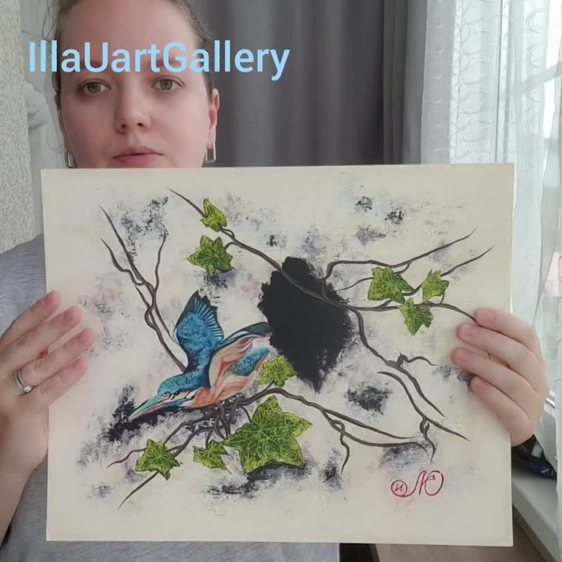 Kingfisher Painting Bird Nest Original Art Bird Wall Art Animal Acrylic Painting - 海报/装饰画/版画 - 其他材质 多色