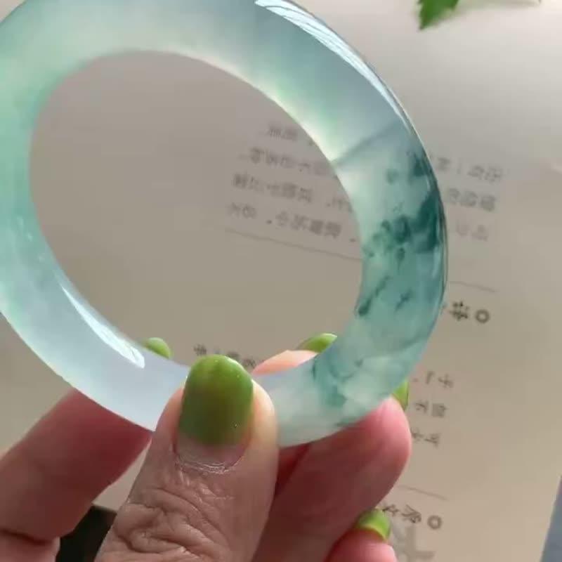 冰种翡翠玉镯 天然翡翠 缅甸A玉 • 高冰种金丝绿蓝飘花翡翠福镯 - 手链/手环 - 玉石 蓝色