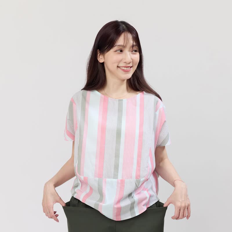 Debbie 方型小蓋袖拼接棉質直條上衣/綠粉條 - 女装上衣 - 棉 白色