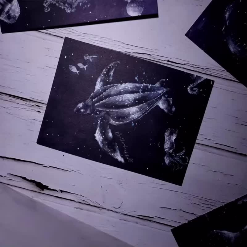 革龟星空 - 海洋夜光明信片 | 蓝色光芒 - 卡片/明信片 - 纸 