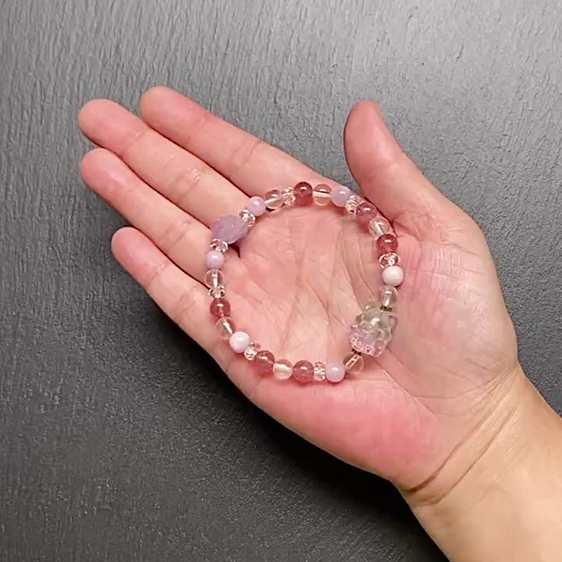 紫锂辉 草莓晶 白水晶 骨干紫晶  渐层萤石九尾狐黄铜手链 旺姻缘 - 手链/手环 - 水晶 多色
