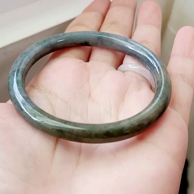 【亲翠】天然翡翠 冰灰绿半山半水墨绿52圈贵妃小圈口童镯 | 耐看 - 手链/手环 - 玉石 