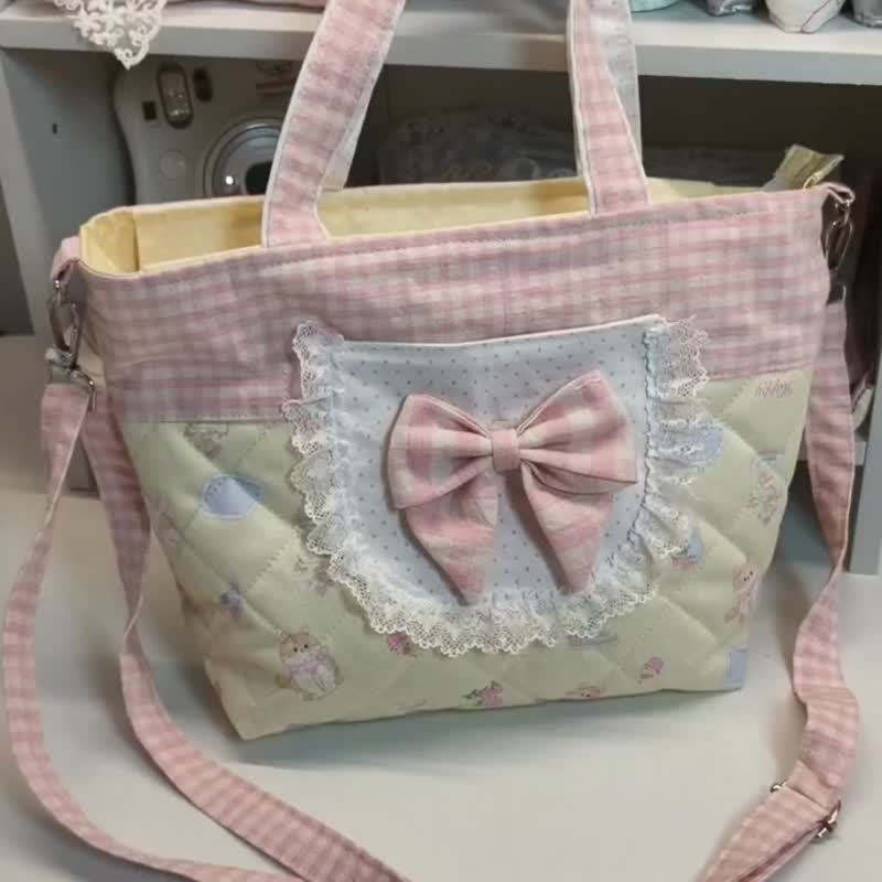 绗缝格子蝴蝶结温柔碎花拼接拉链大容量手提包斜挎托特包女单肩包 - 侧背包/斜挎包 - 棉 