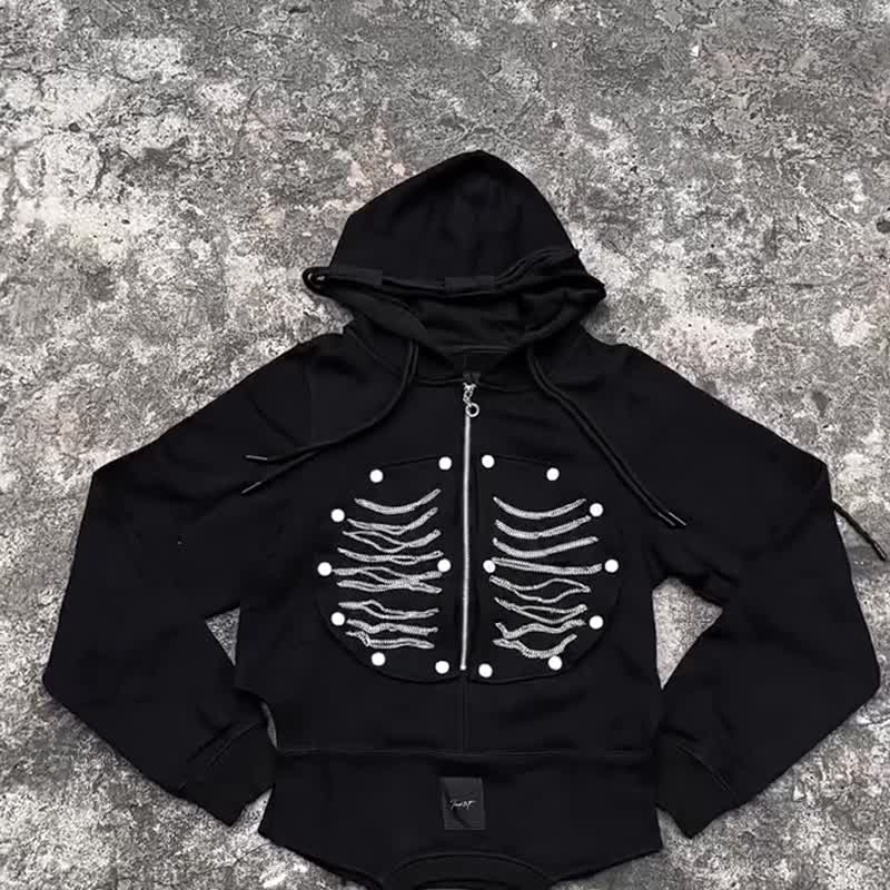 美式復古 小眾暗黑潮流 先鋒原創設計 金屬肋骨拉鏈 黑色衛衣 - 男装外套 - 棉．麻 黑色