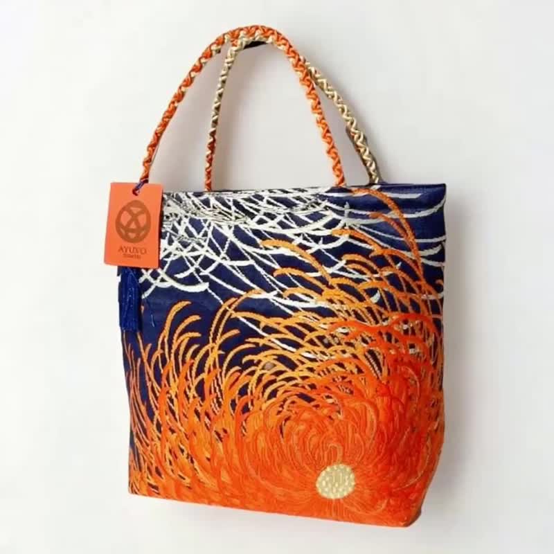 独一无二真丝和服带托特包, 手工刺绣环保改造日本手袋 - 手提包/手提袋 - 丝．绢 蓝色