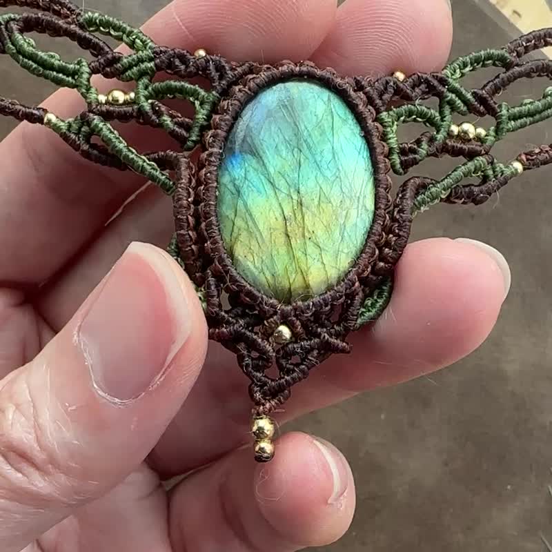 N1113 民族风 蜡线编织 拉长石 铜珠 颈链 (可调长度) - 项链 - 宝石 咖啡色