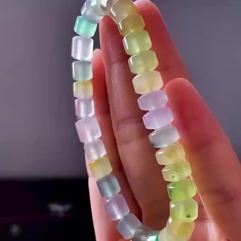冰种翡翠天然翡翠A玉玉珠玉链手链 • 冰种多彩糖果翡翠手串 - 手链/手环 - 玉石 多色