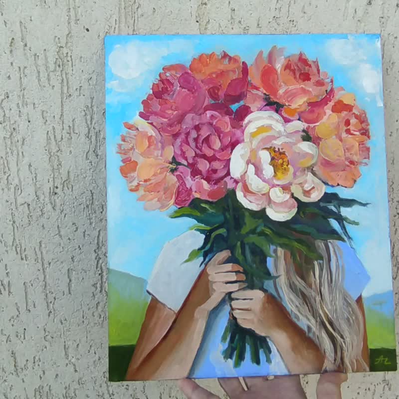 Peony Painting Girl Original Art Faceless portrait Floral Artwork Bouquet - 海报/装饰画/版画 - 其他材质 多色