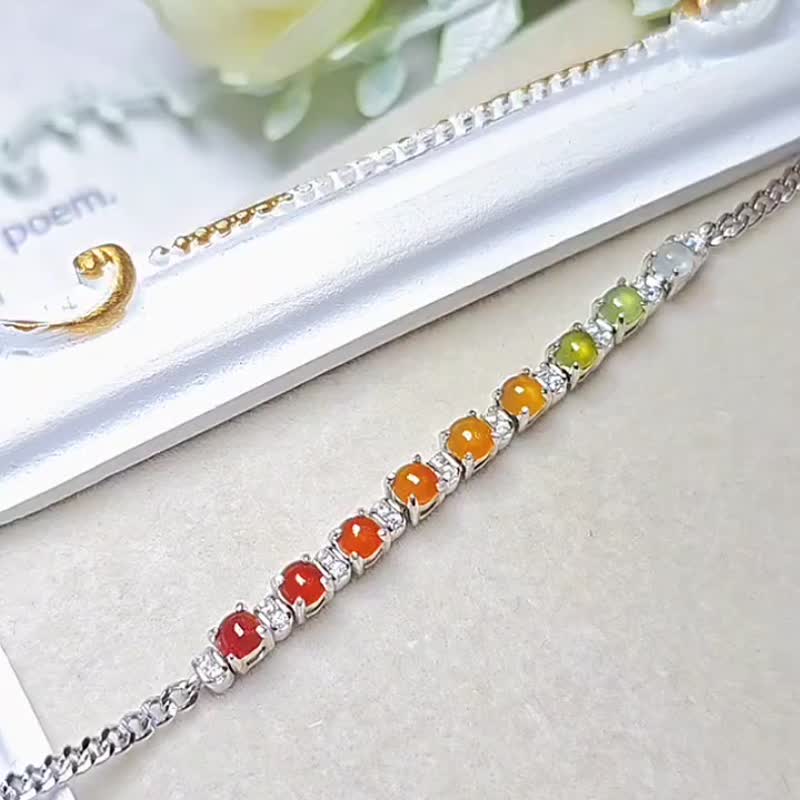 |幸运渐层彩虹|A货翡翠冰玻多宝彩虹蛋3.3mm纯银镀18k渐层手链 - 手链/手环 - 玉石 